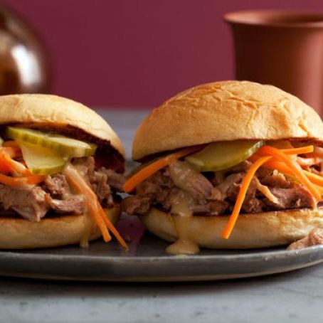 Chinese BBQ Pulled Pork Sliders with Pickled Cukes and Carrots and Sweet-and-Hot Mustard Sauce